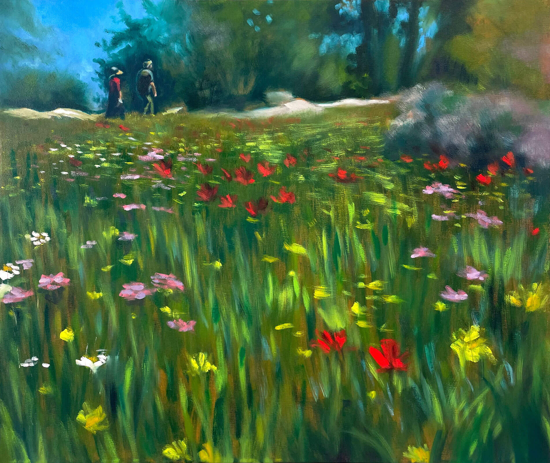 painting of two people hiking in a field with anemones